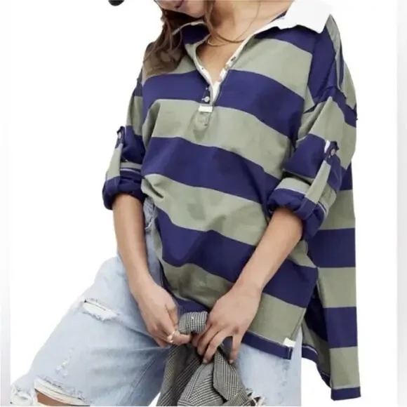 Free People We The Free Peyton Rugby Henley Striped Top Oversized Sz XS - Picture 1 of 9